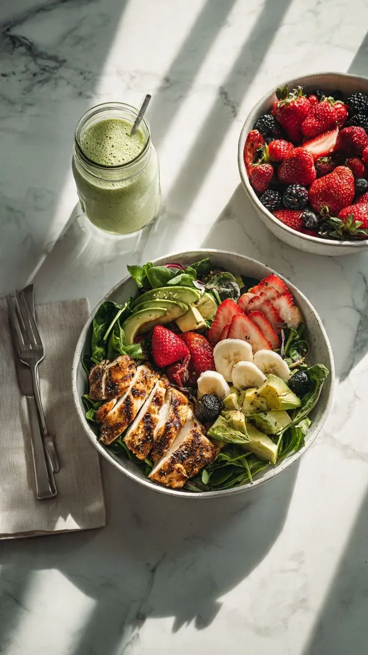 Prepared balanced meal with fresh vegetables on dark surface